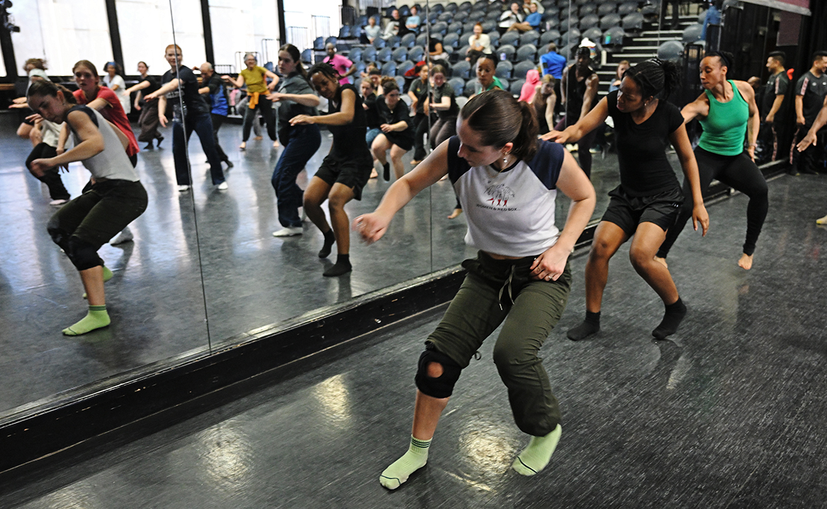 Students participate in a workshop led by Ronald K. Brown and Arcell Cabuag of the EVIDENCE Dance Company