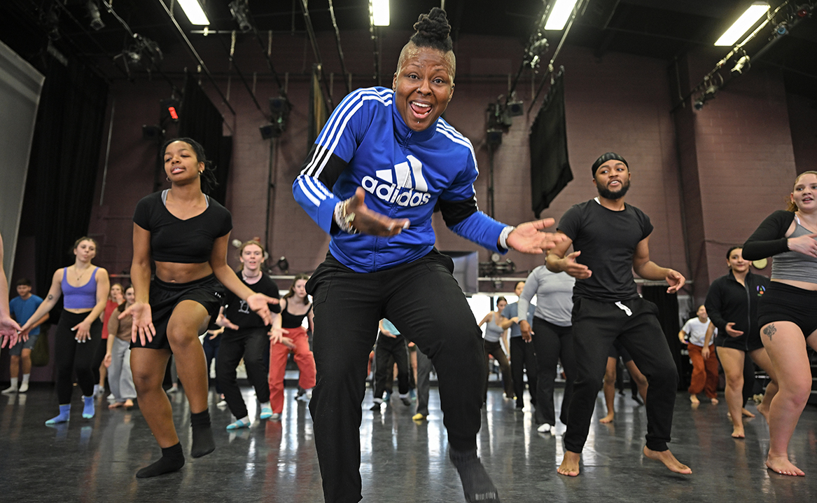 Professor of Dance Shani Collins leads a West African Dance workshop for attendees at the Igniting Emancipatory Possibilities through African Diaspora Dance Summit Thursday, February 8, 2024 in the Martha Myers Dance Studio.