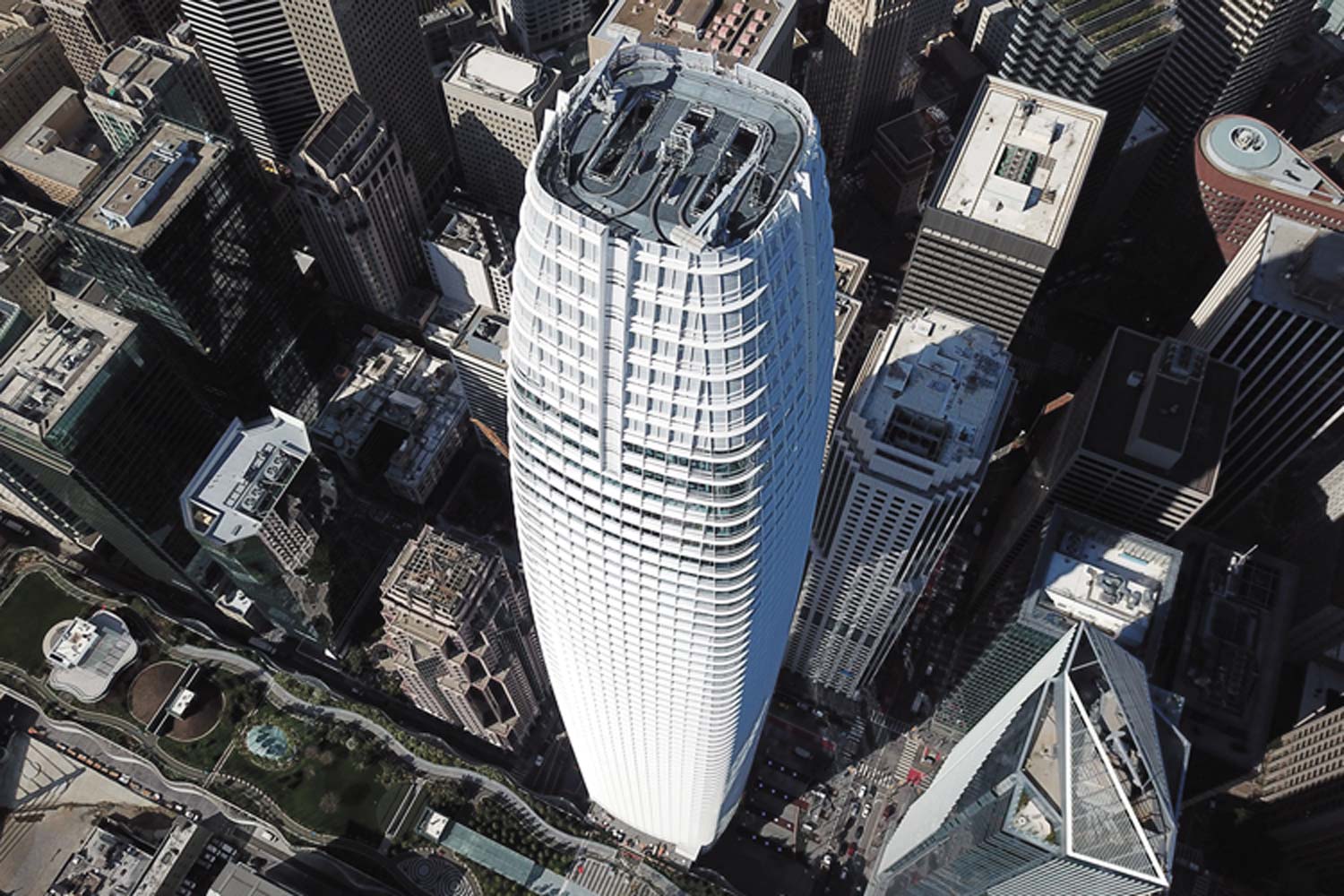 Aerial image of the Salesforce building in San Francisco